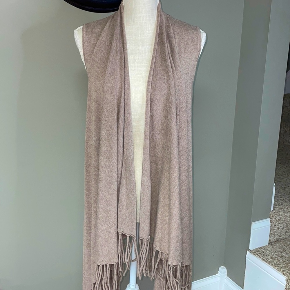 Lovestitch Sweater poncho/vest with fringes. One size. Lightweight taupe color.